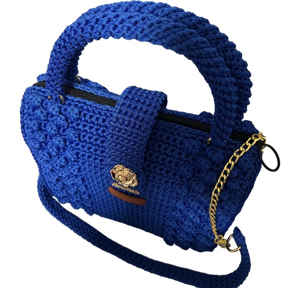 Handmade Blue Crochet Trapezoid Shoulder Handbag - Picture 2 of 5